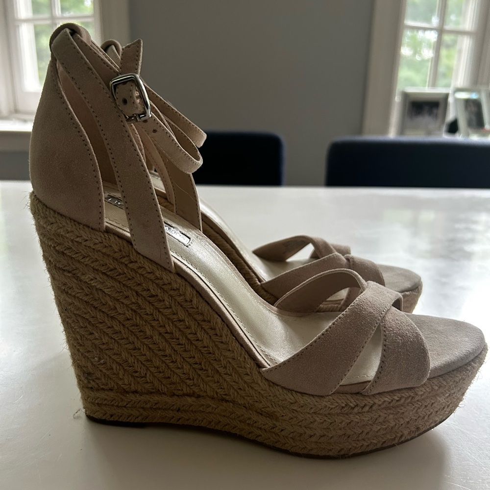 BCBG Tan Wedge Espadrilles with Crisscross Straps